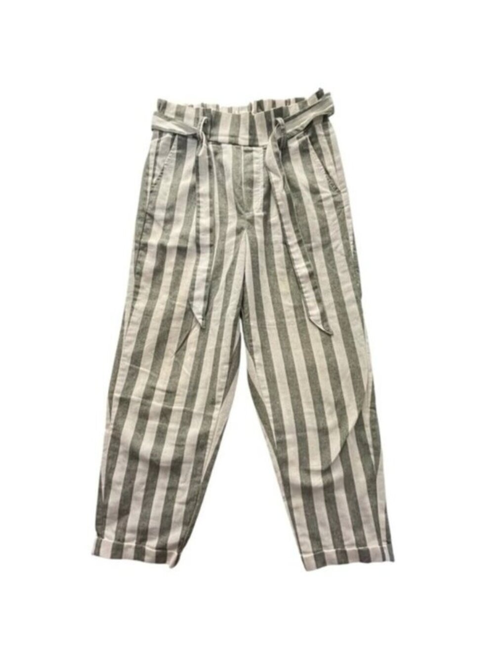 Cisono Linen Striped Paperbag Waist Ankle Pants Small